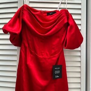 New lulus red satin off shoulder corset dress with high slit